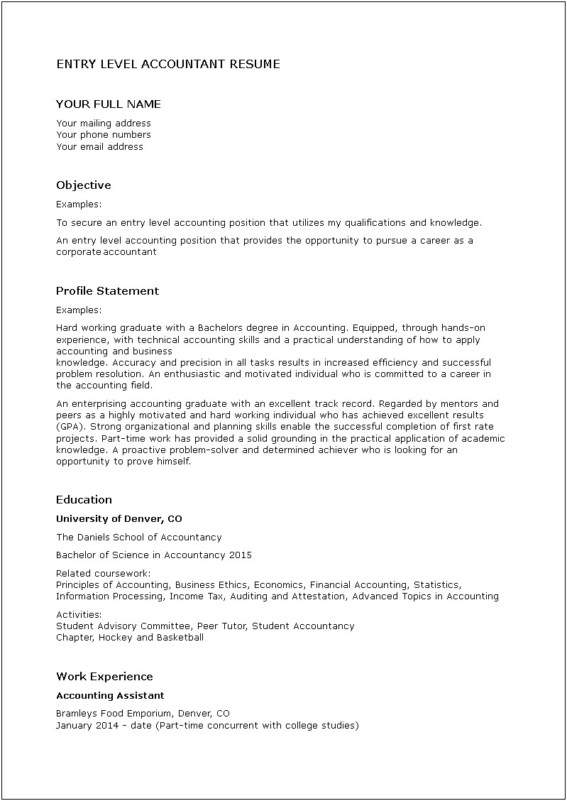 Entry Level Accounting Graduate Resume Sample