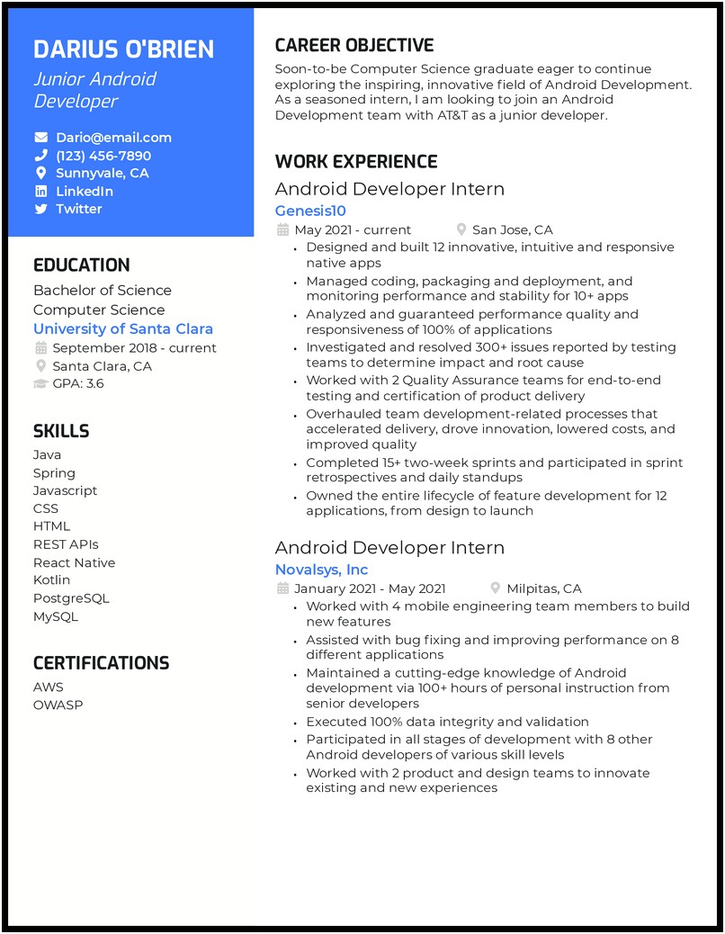Entry Level Android Developer Resume Examples