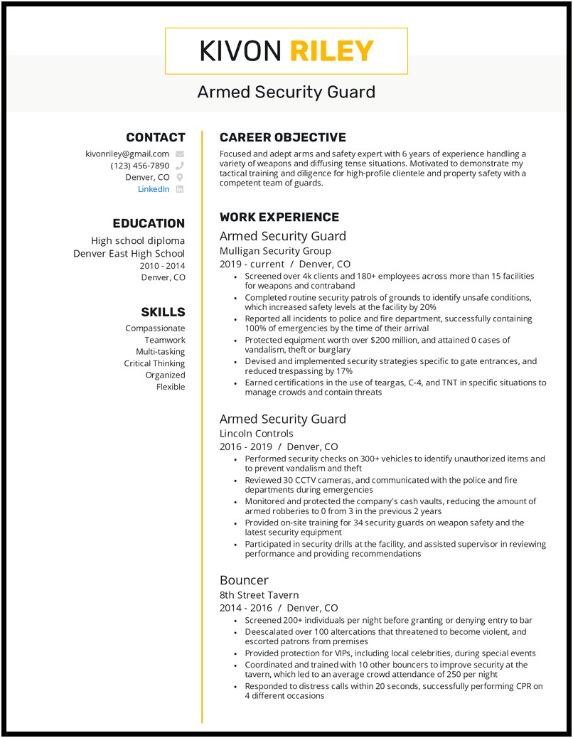 Entry Level Armed Security Resume Sample
