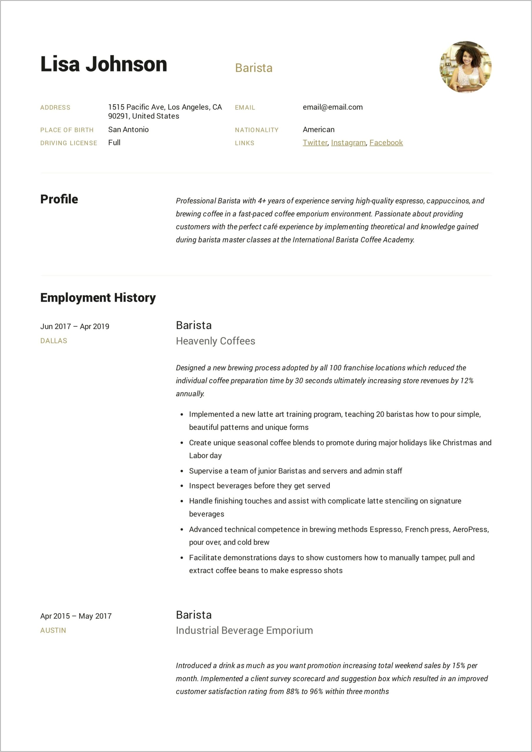 Entry Level Barista Resume Template Download