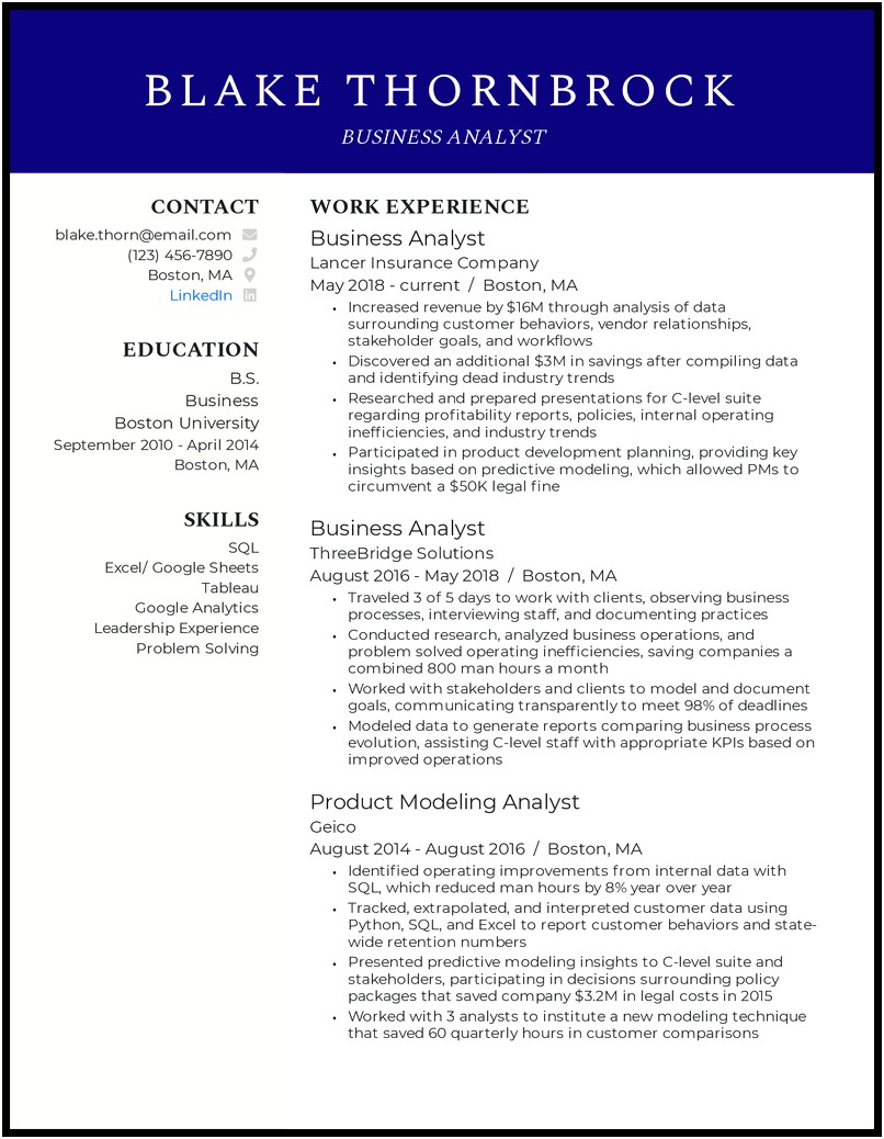 Entry Level Business Analyst Skills Resume