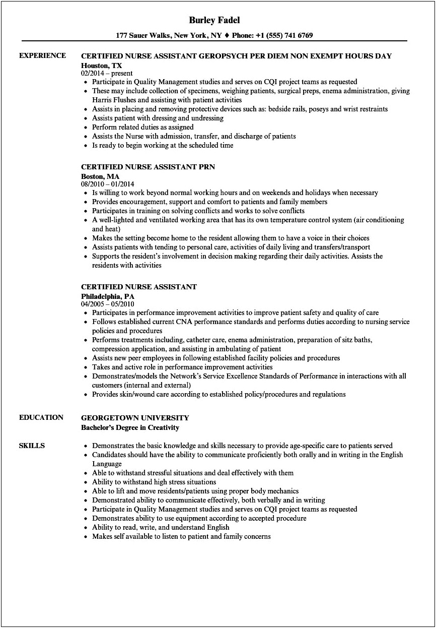 Entry Level Certified Nursing Assistant Skills Resume