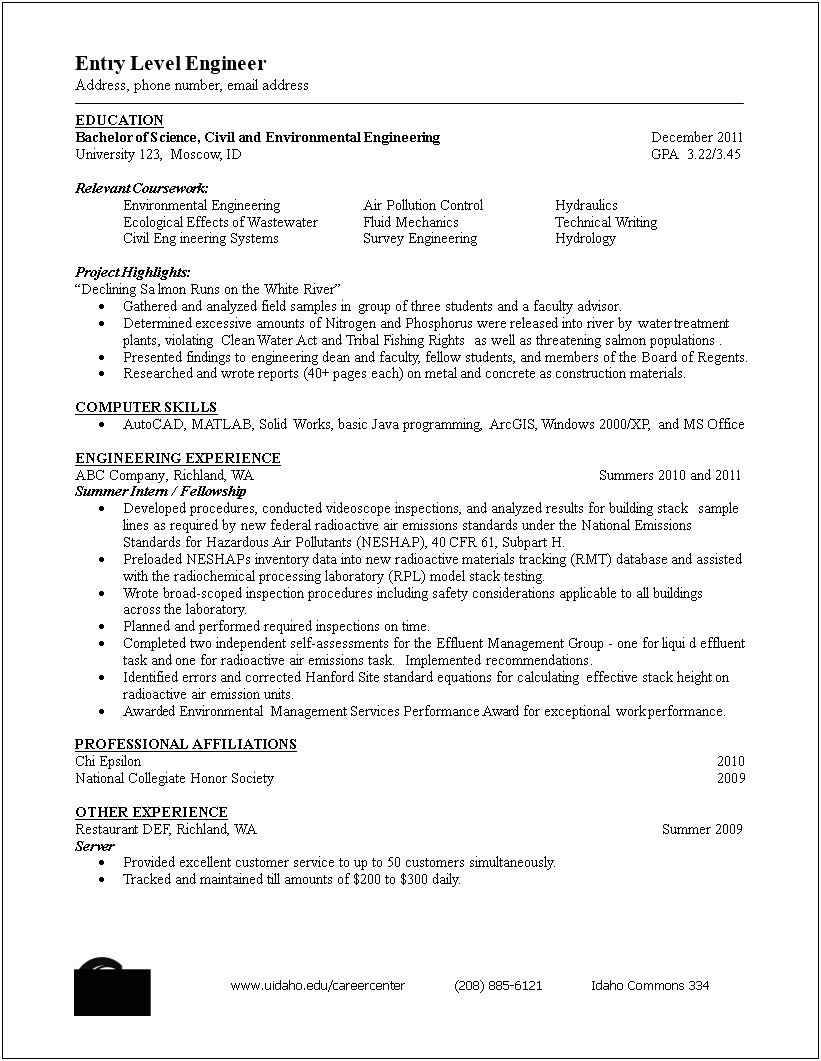 Entry Level Civil Engineering Resume Objective