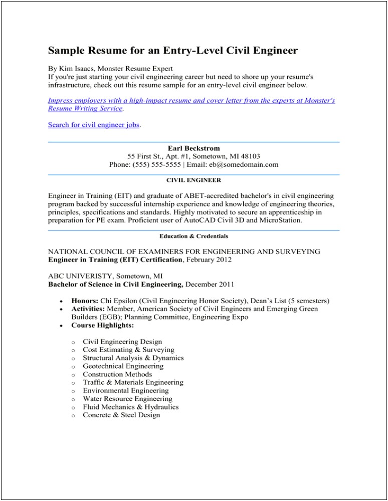 Entry Level Civil Engineering Resume Template
