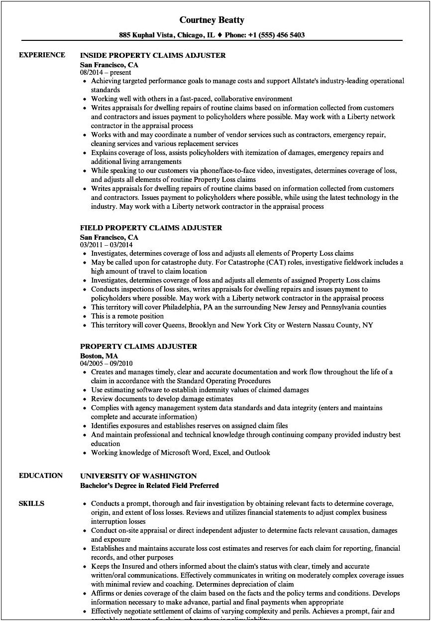 Entry Level Claims Adjuster Resume Samples