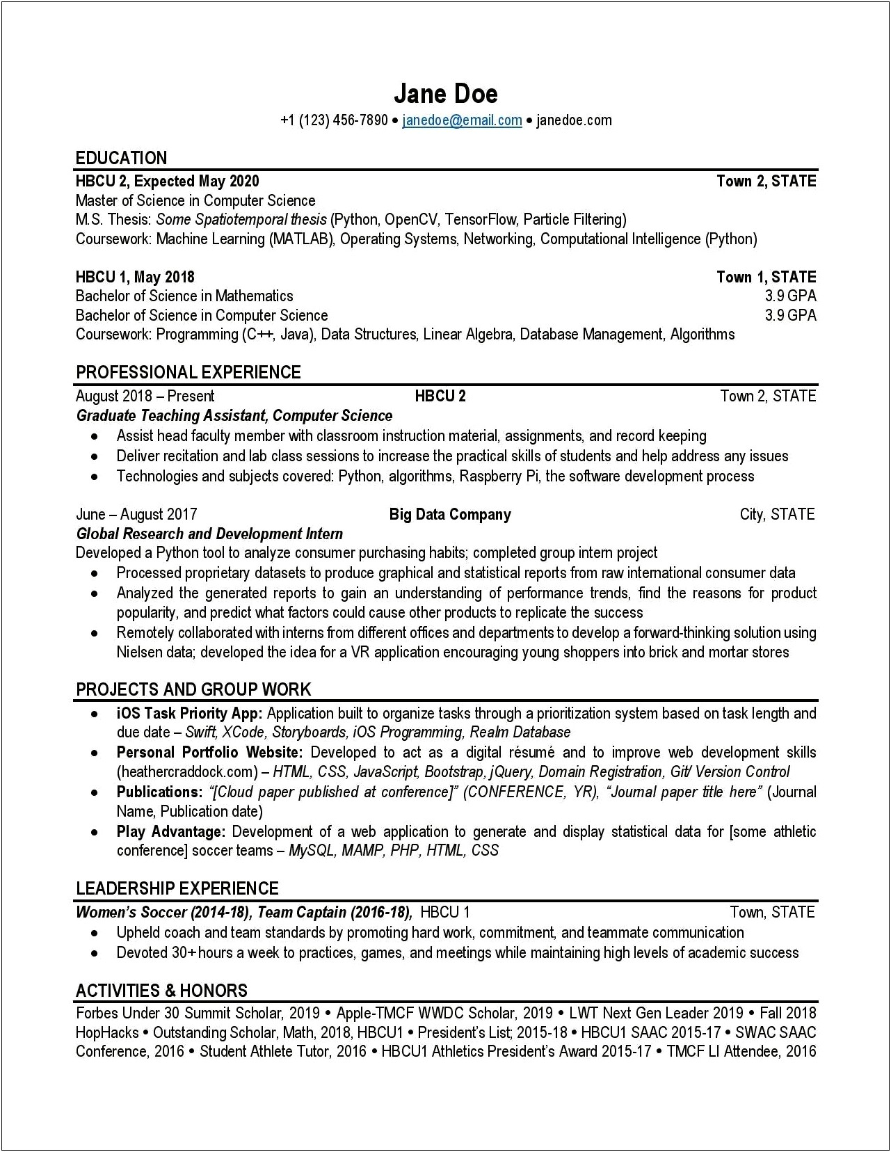 Entry Level Computer Science Graduate Resume Template