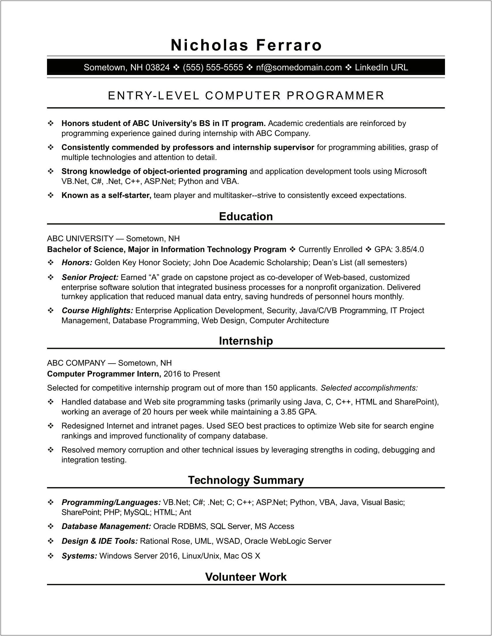 Entry Level Computer Science Resume Templates