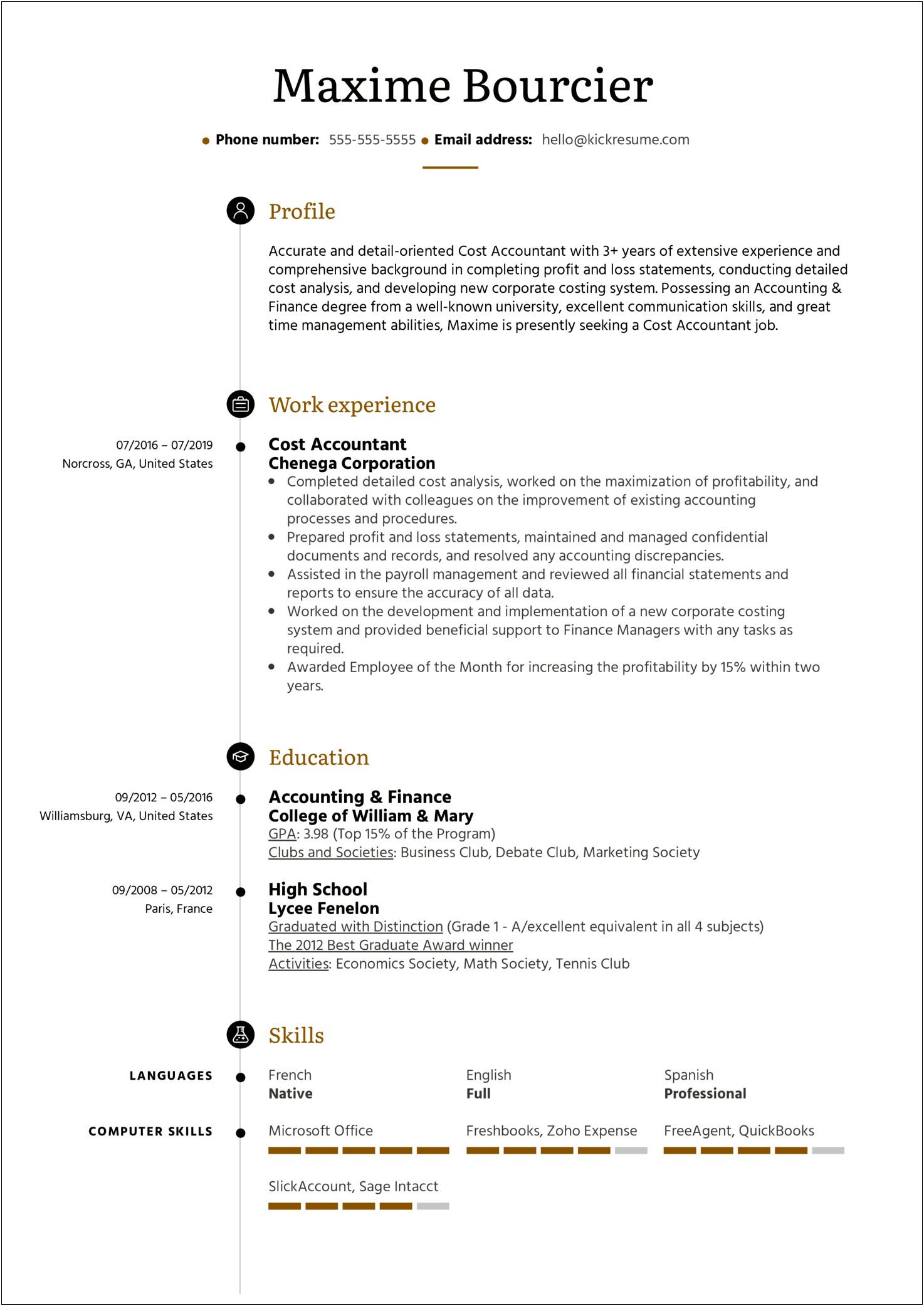 Entry Level Cost Accountant Resume Summary