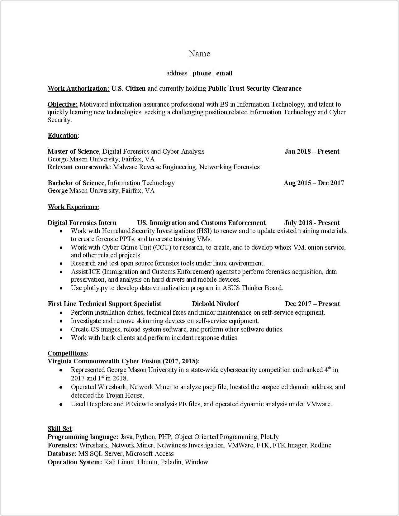Entry Level Cyber Security Resume Objective