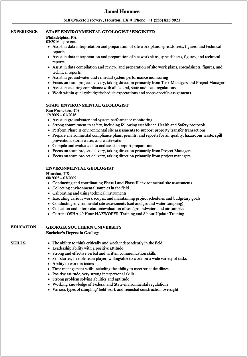 Entry Level Environmental Science Resume Examples