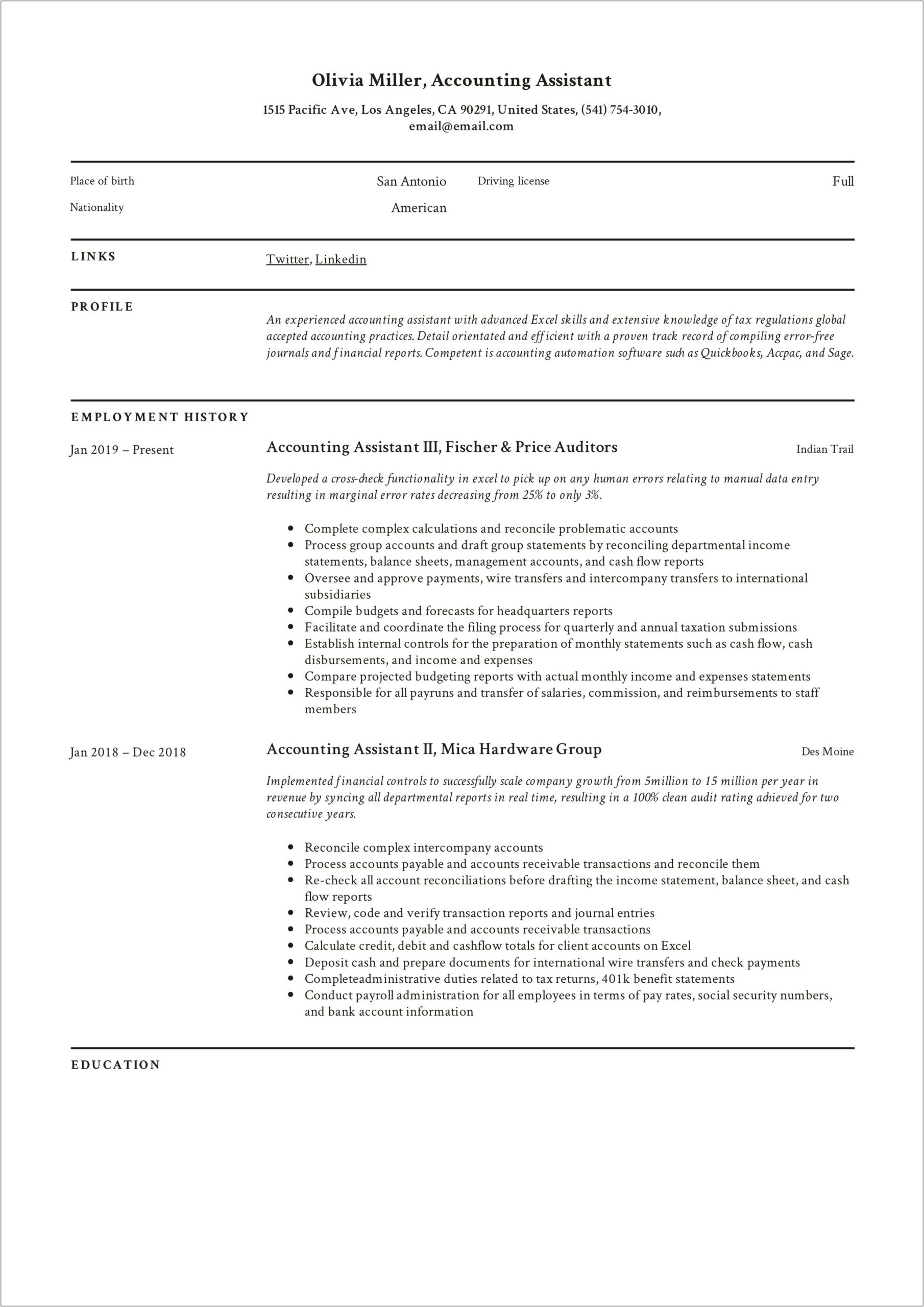 Entry Level Example Resumes For Accounting Technician