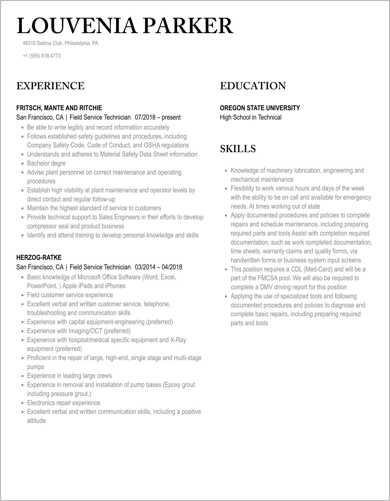 Entry Level Field Service Technician Resume Free Download