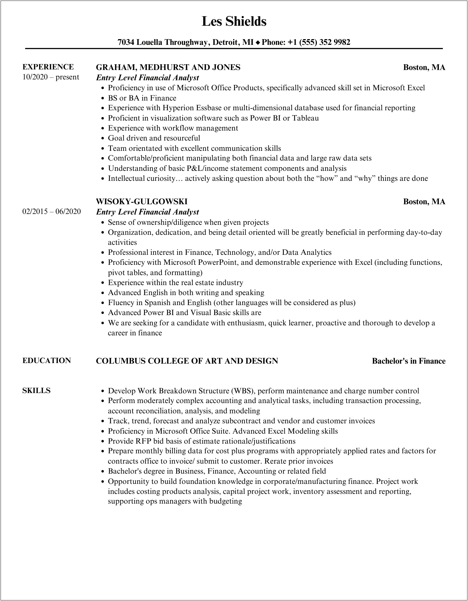 Entry Level Financial Analyst Resume Samples
