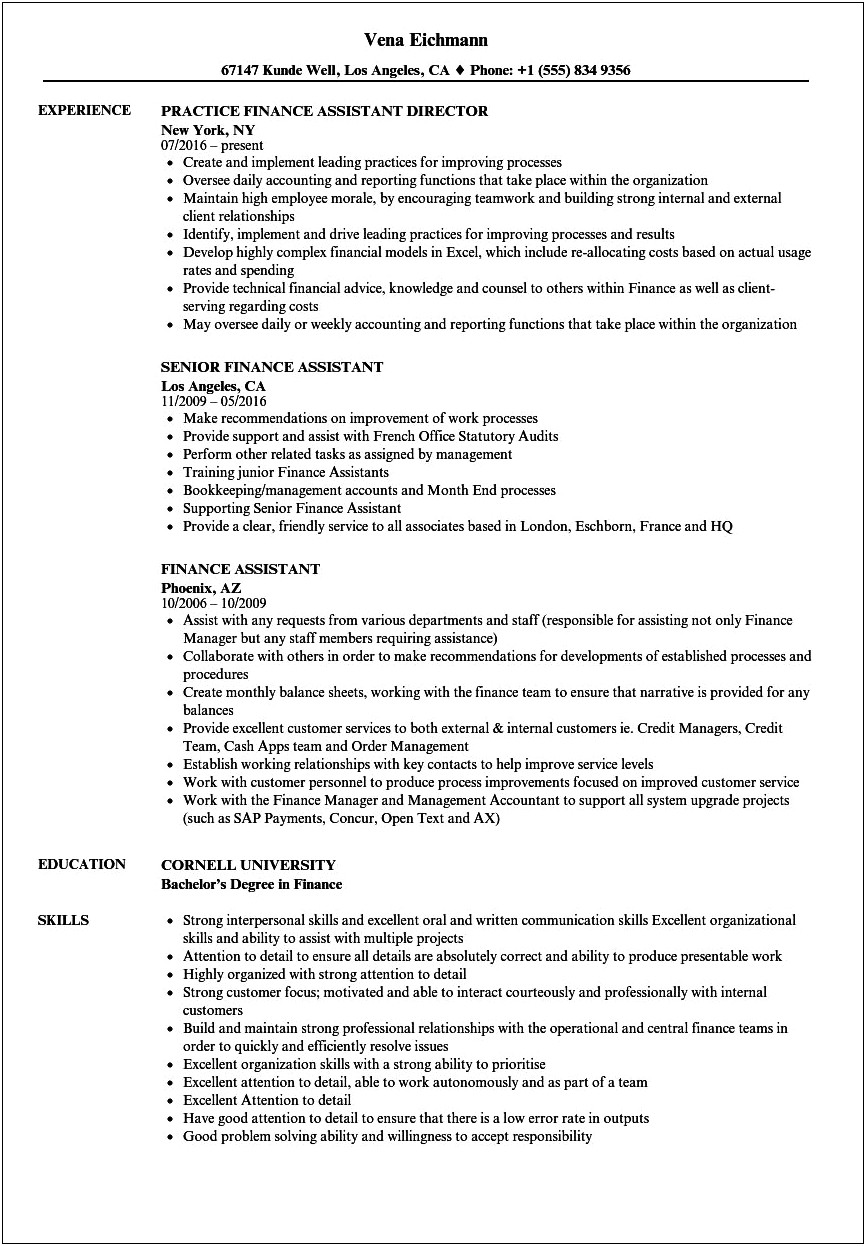 Entry Level Financial Assistant Resume Sample