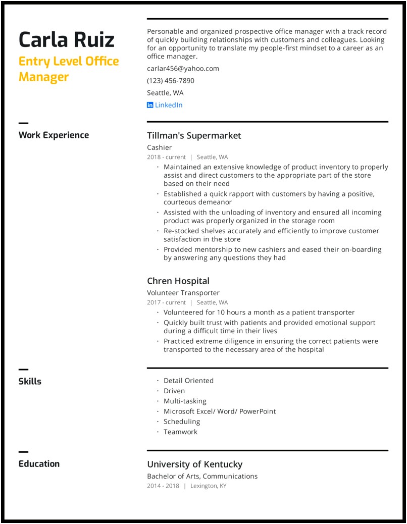 Entry Level Healthcare Administration Manager Resume