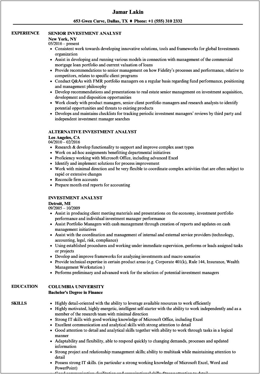 Entry Level Investment Analyst Resume Examples