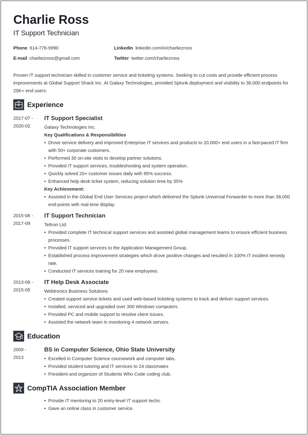 Entry Level It Support Specialist Resume Sample