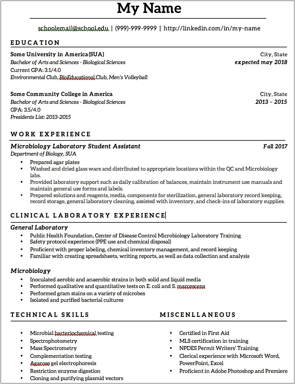 Entry Level Lab Technician Resume Example