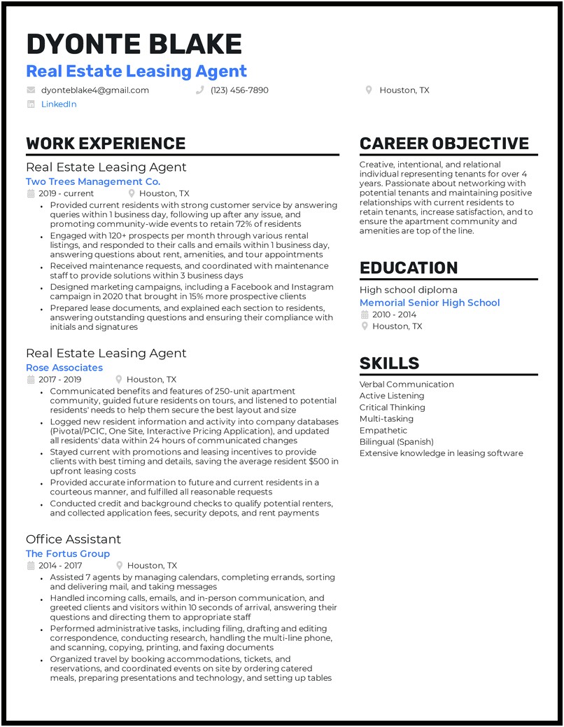 Entry Level Leasing Consultant Resume Objective