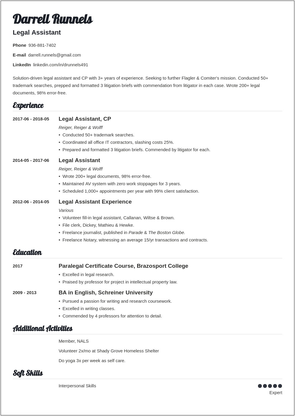 Entry Level Legal Assistant Resume Templates