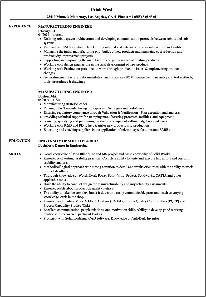 Entry Level Manufacturing Engineer Sample Resume
