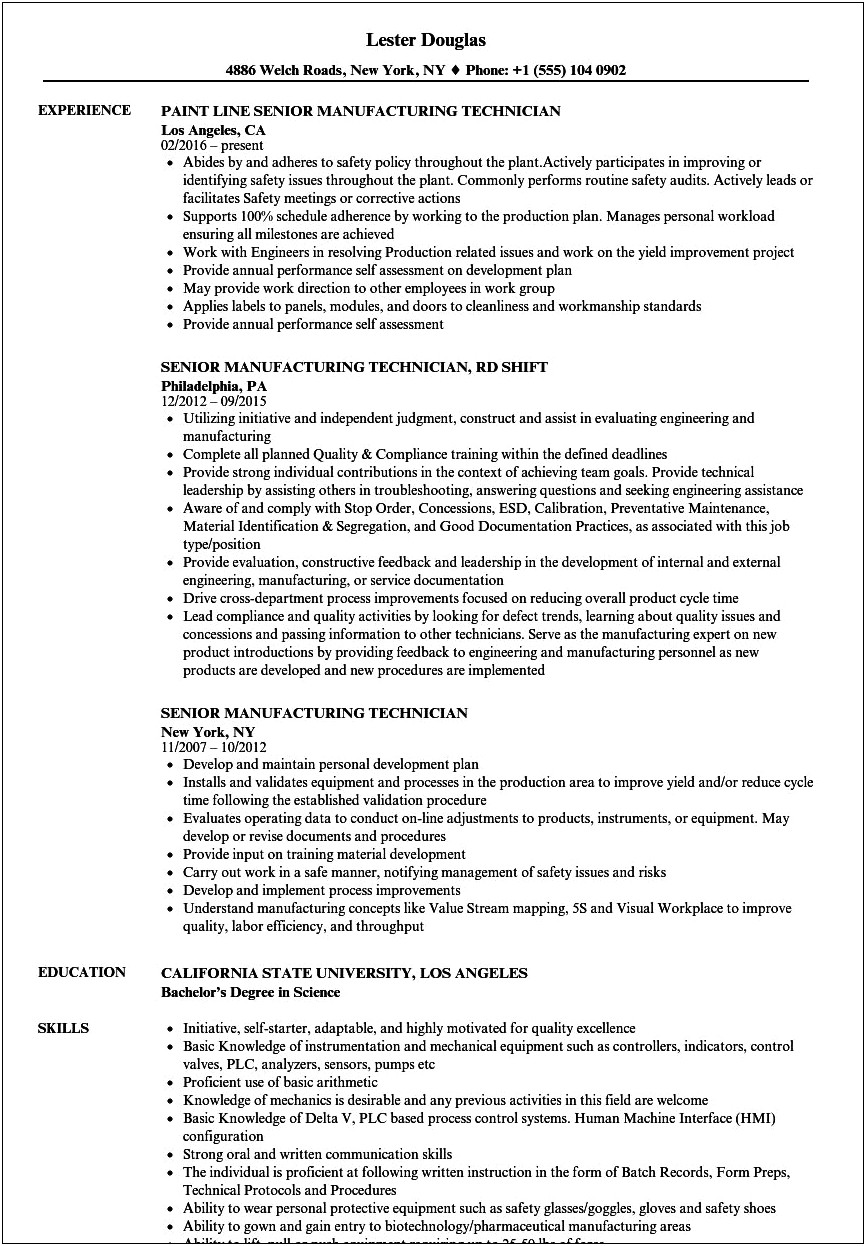 Entry Level Manufacturing Technician Resume Sample