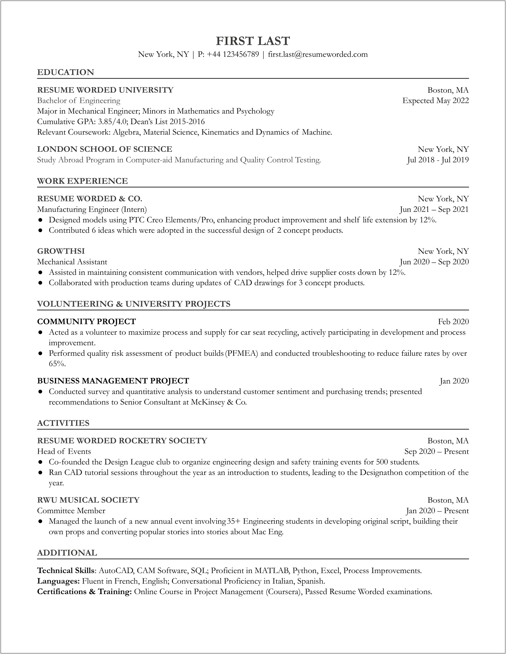 Entry Level Manufacturing Technitician Resume Sample