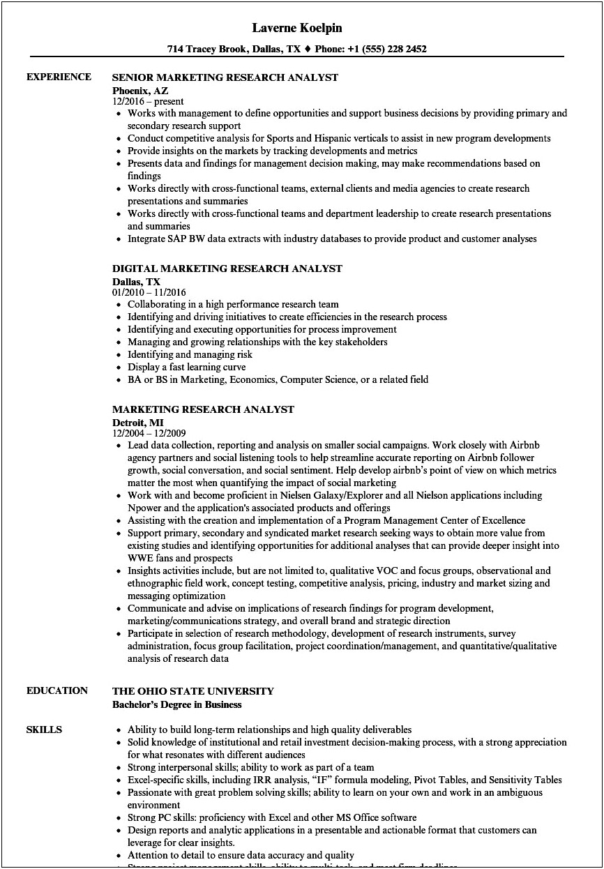Entry Level Market Research Analyst Resume Sample