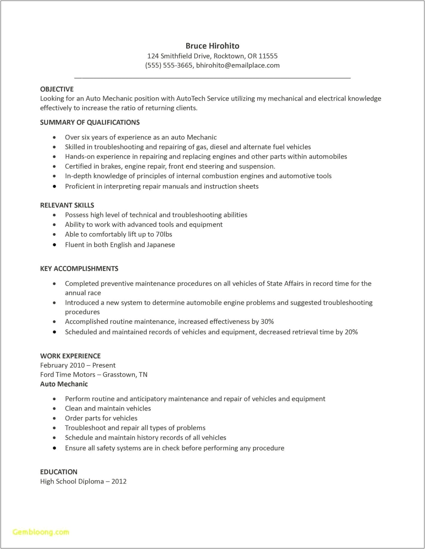 Entry Level Mechanic Summary For Resume