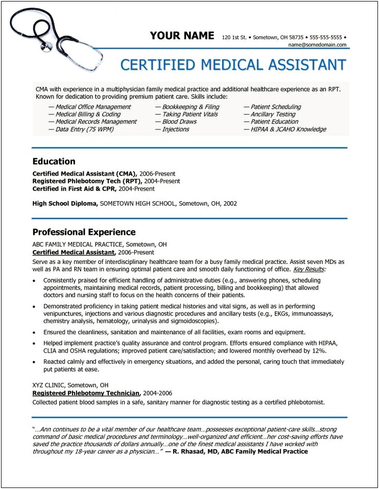 Entry Level Medical Assistant Resume Summary