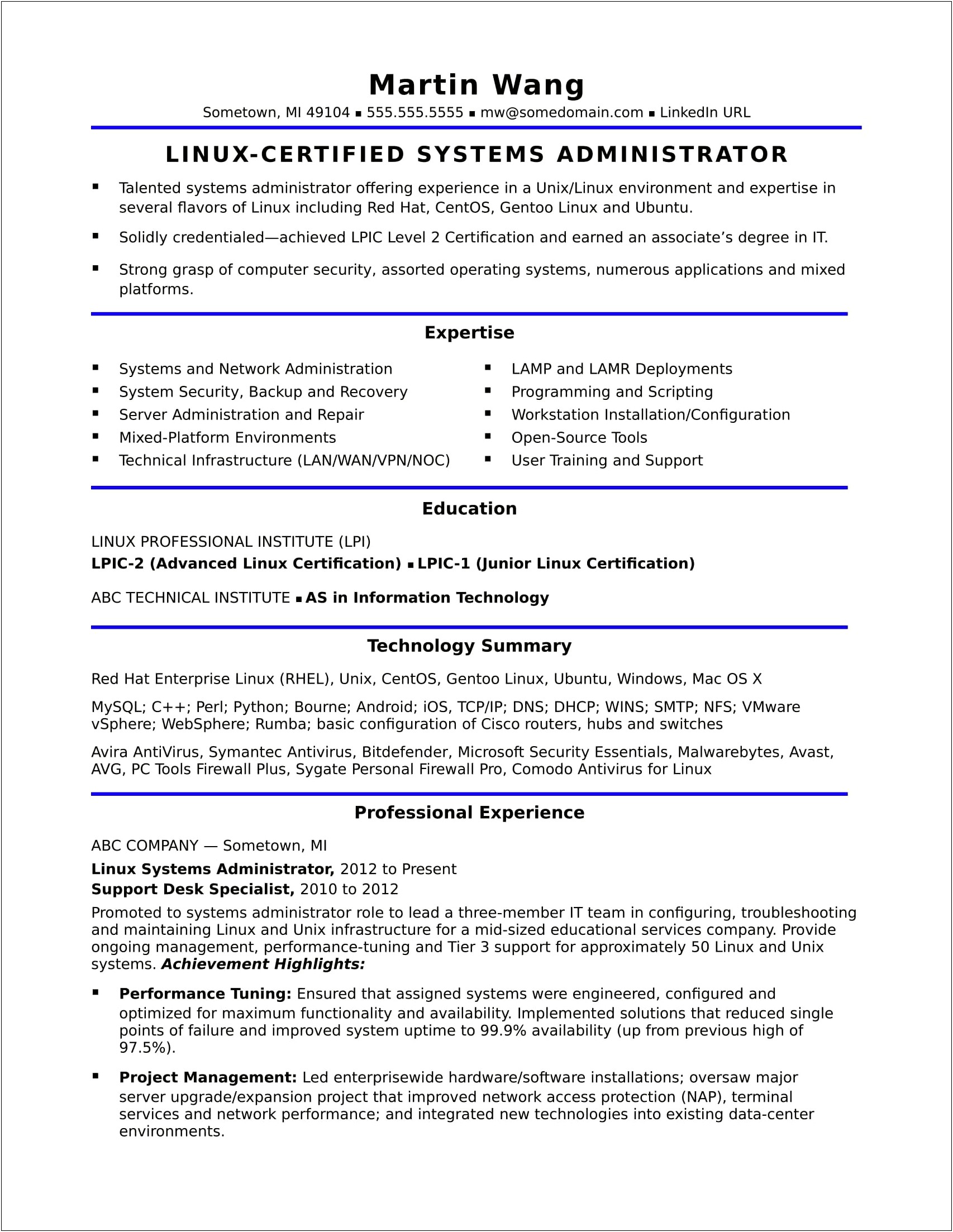Entry Level Network Administrator Sample Resume