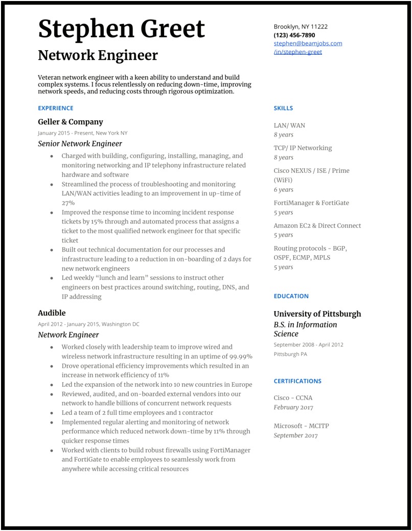 Entry Level Network Engineer Resume Example