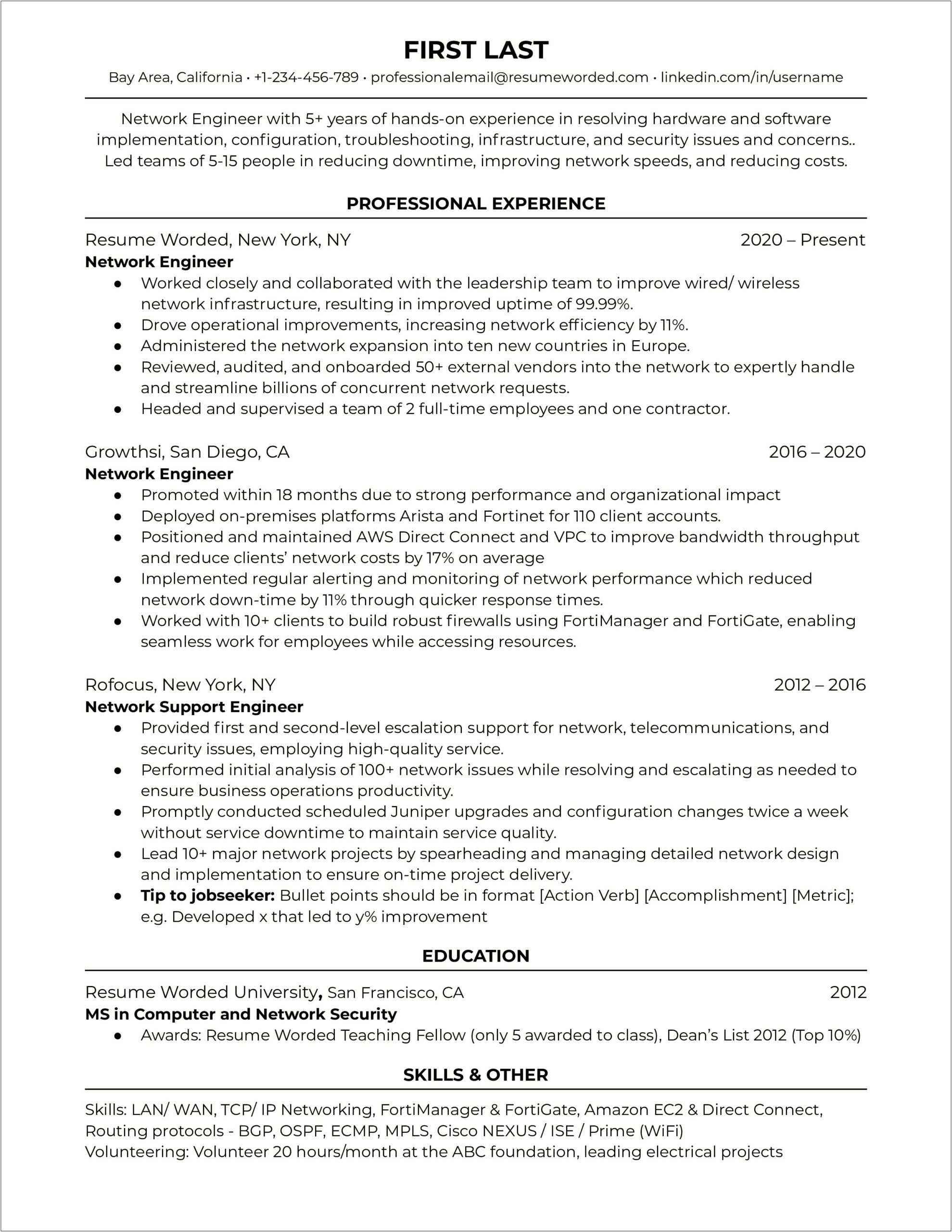 Entry Level Network Technician Sample Resume