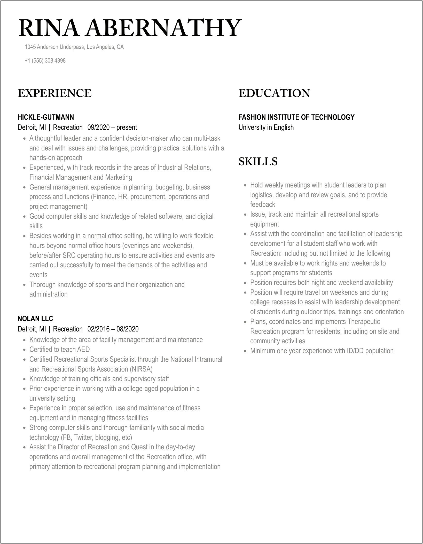 Entry Level Parks And Rec Resume Example