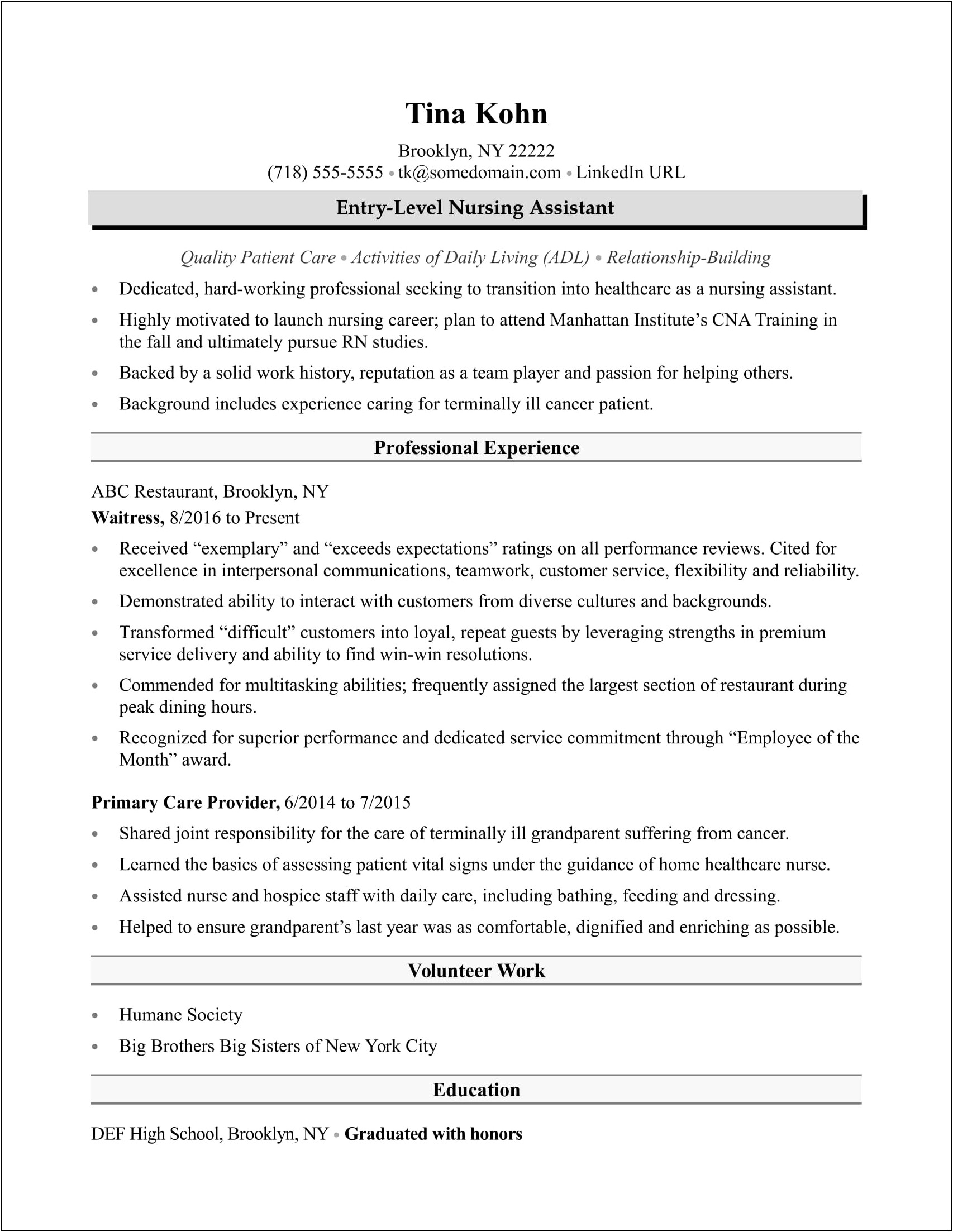 Entry Level Patient Care Technician Resume Objective