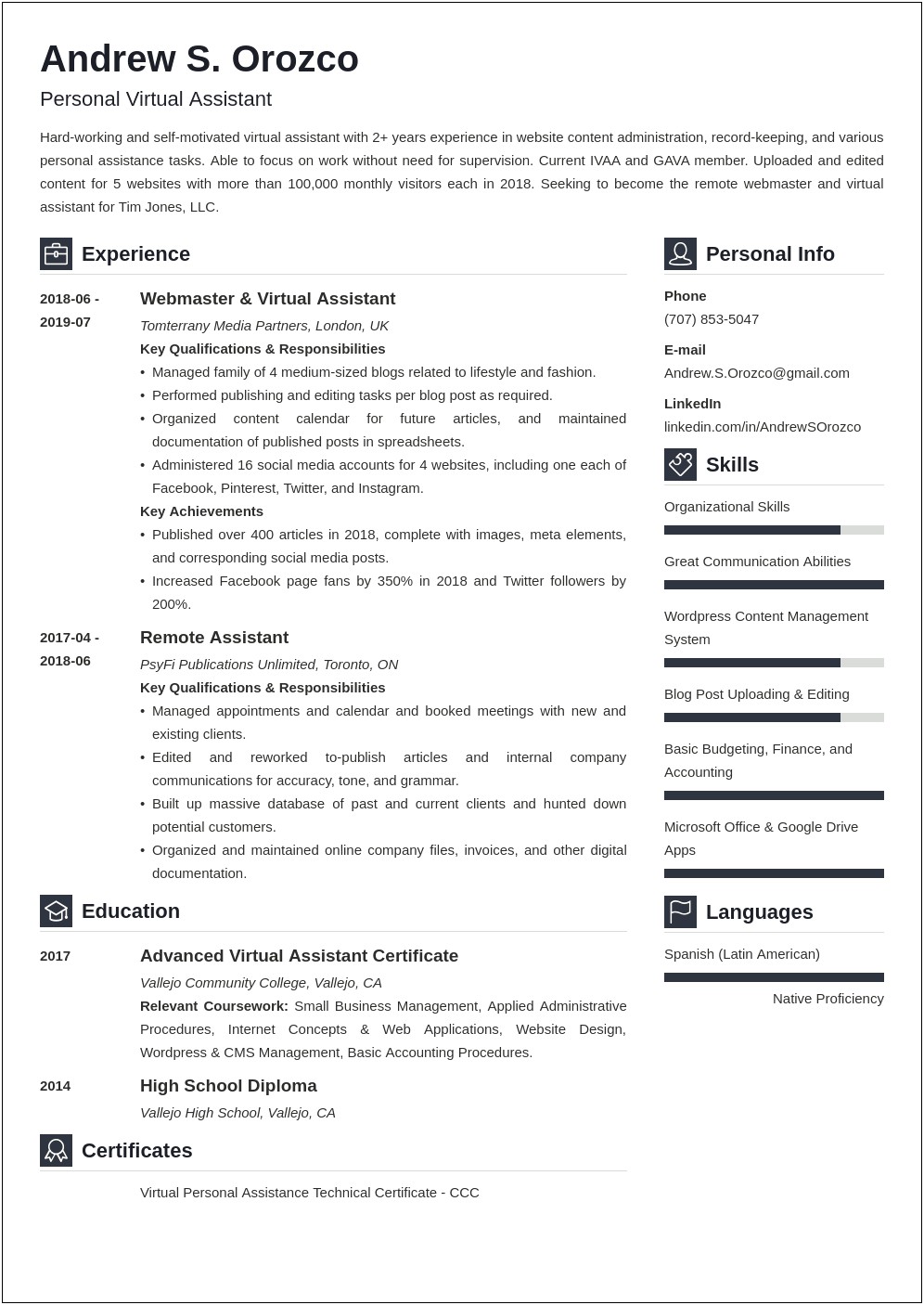 Entry Level Personal Assistant Skills Resume