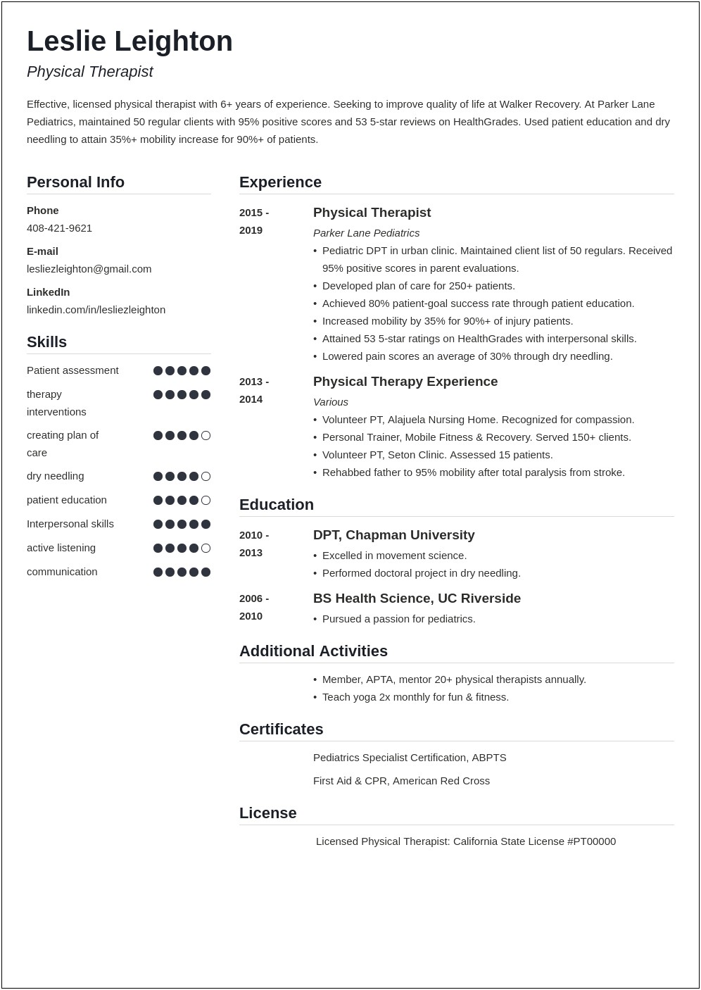 Entry Level Physical Therapy Resume Examples