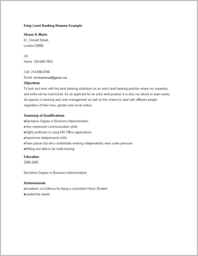 Entry Level Position On A Resume Example