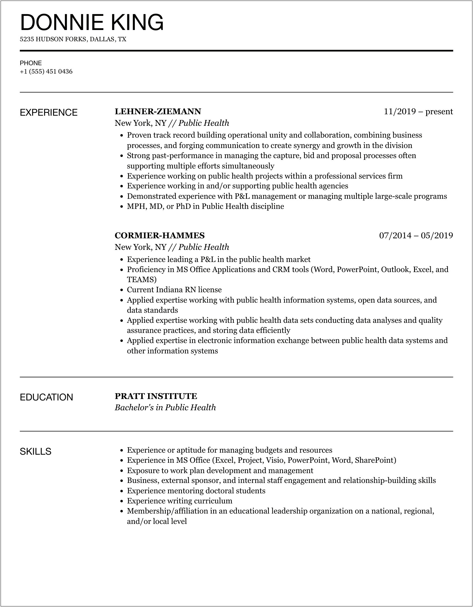 Entry Level Public Health Resume Examples
