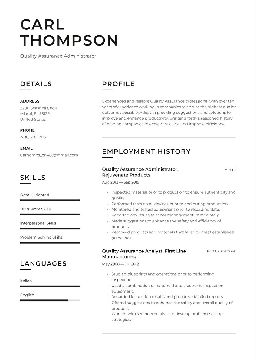 Entry Level Quality Analyst Resume No Experience