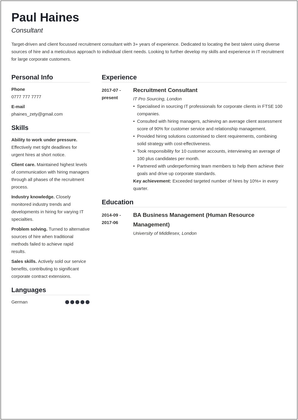 Entry Level Recruitment Consultant Resume Sample