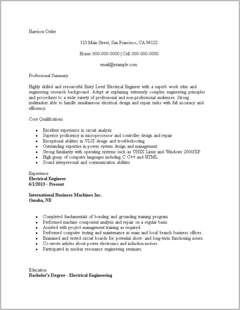 Entry Level Resume Engineer Examples