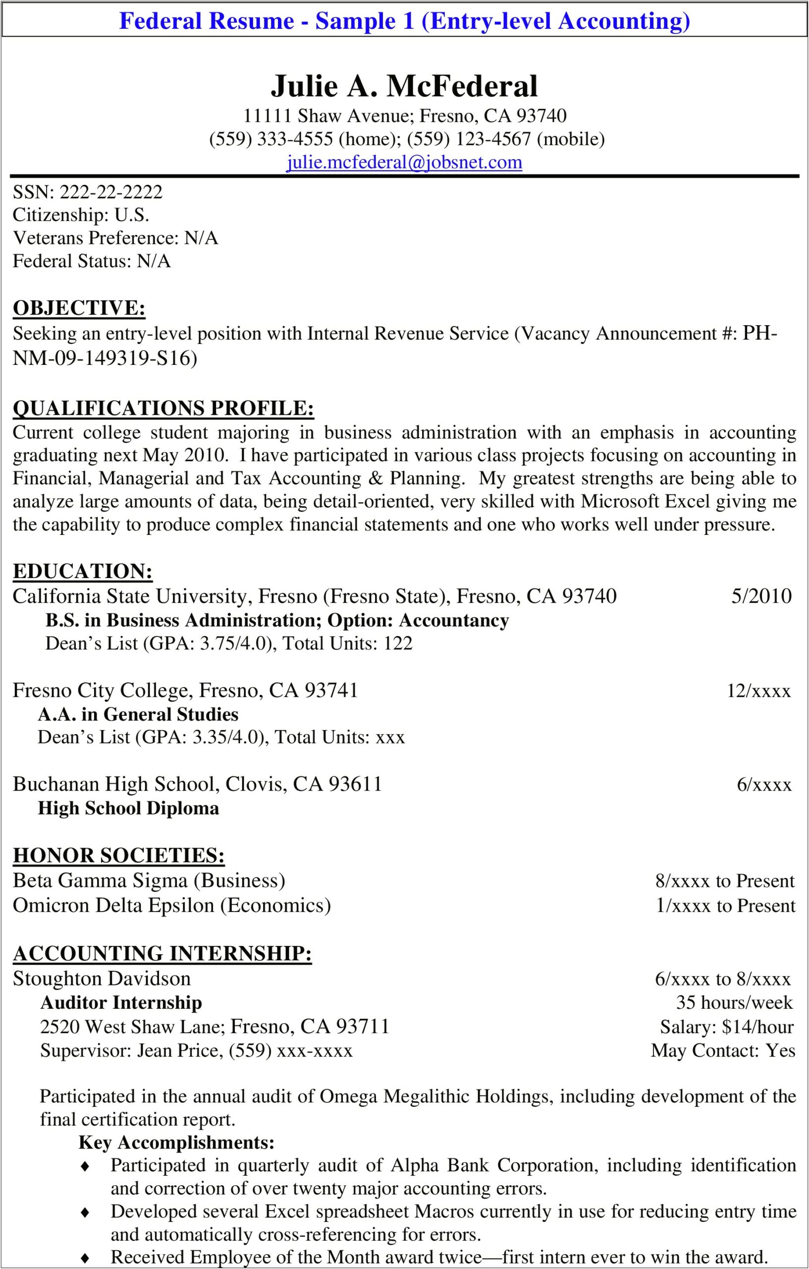 Entry Level Resume Samples For Accounting