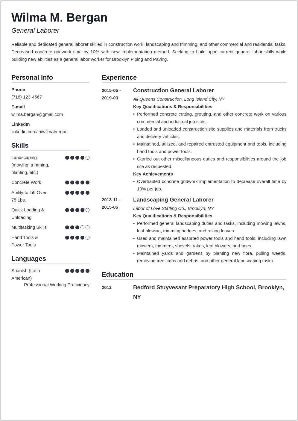 Entry Level Resume Summary Examples For General Laborer