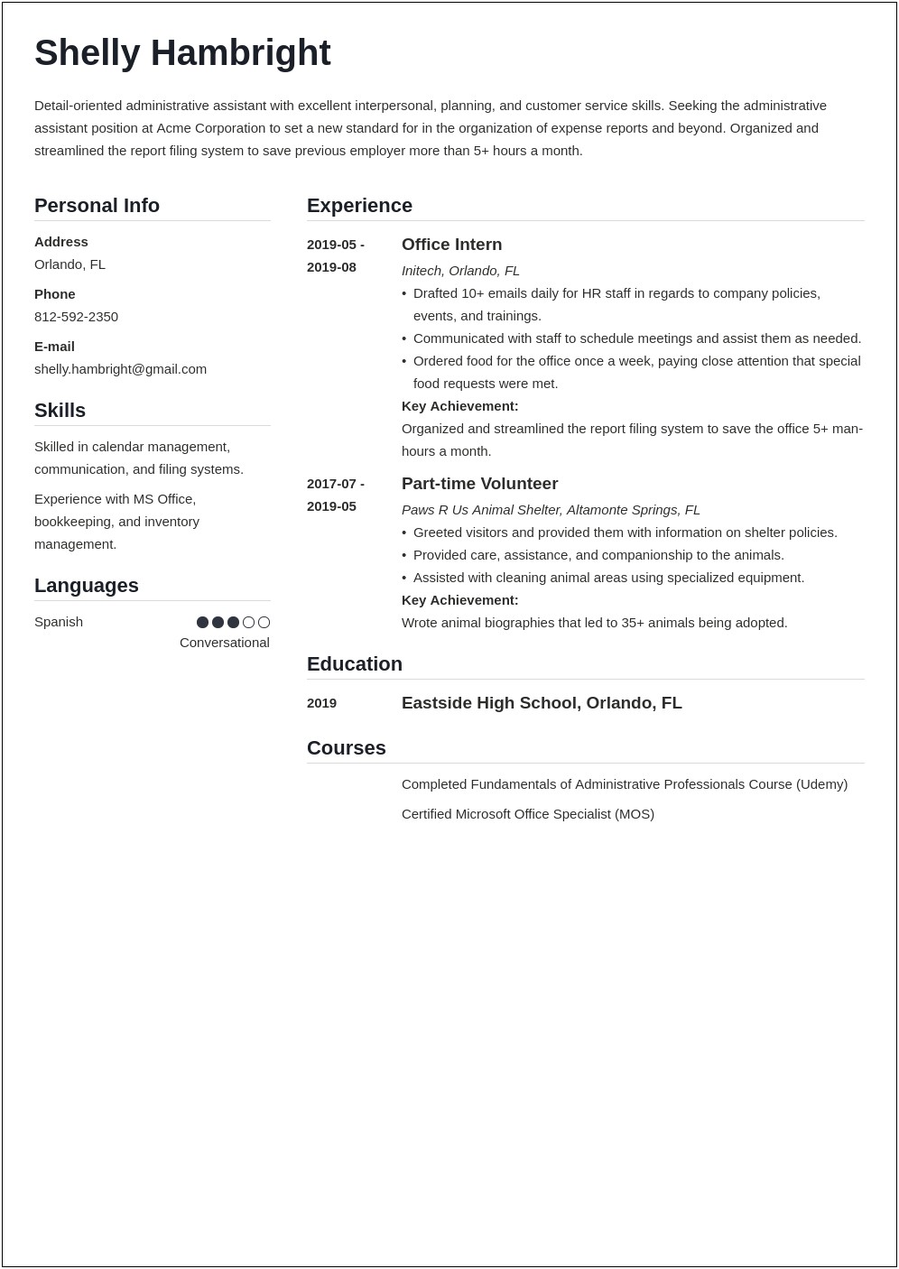 Entry Level Resume Summary For Office Job