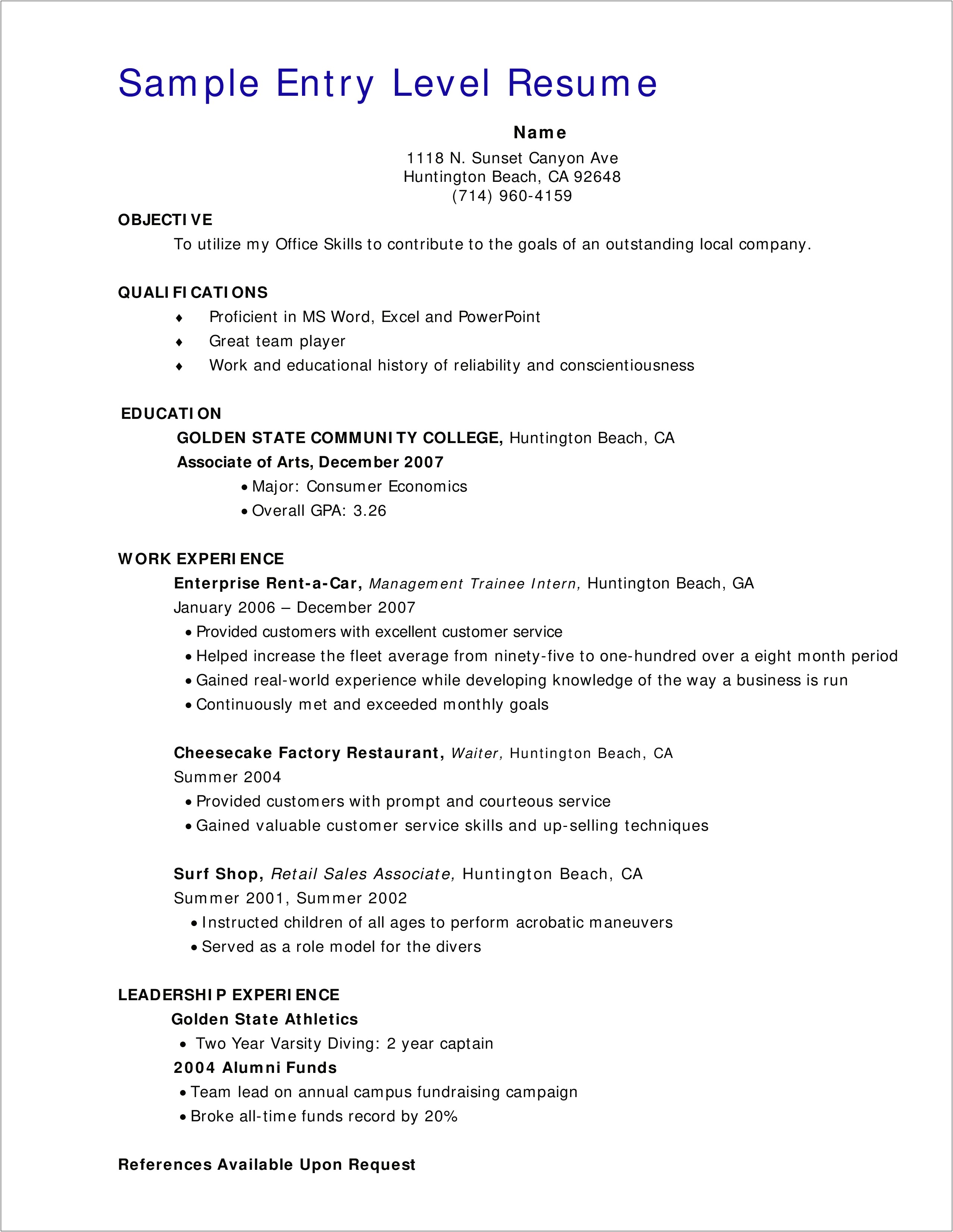 Entry Level Resume Template Good Example