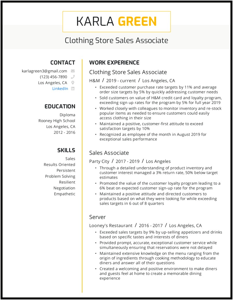 Entry Level Retail Sales Associate Resume Sample