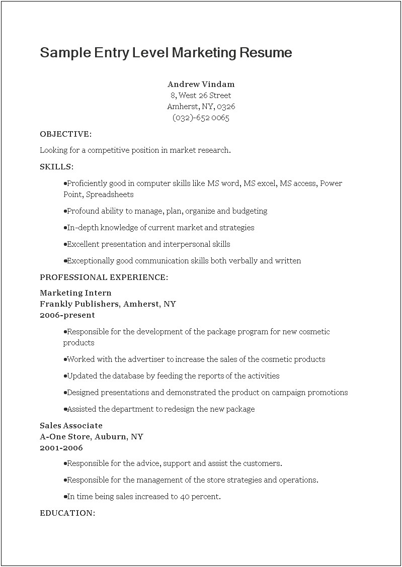Entry Level Sales And Marketing Resume Examples