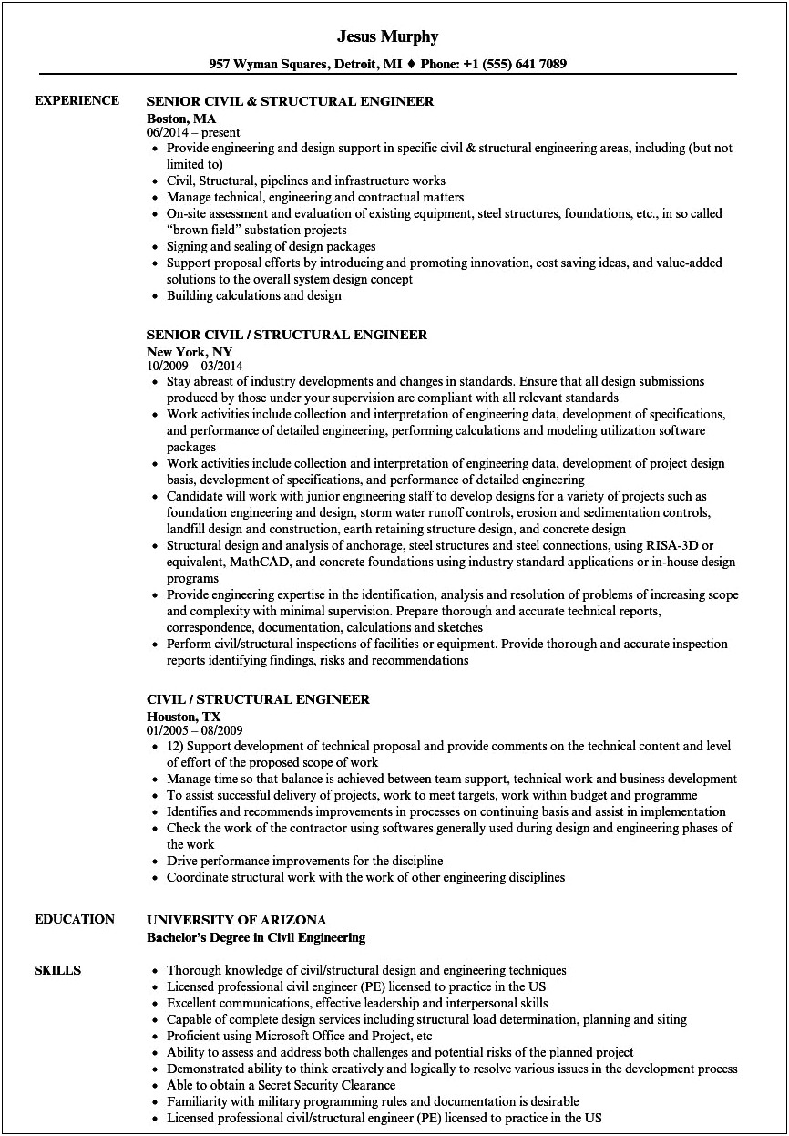 Entry Level Structural Engineer Resume Sample