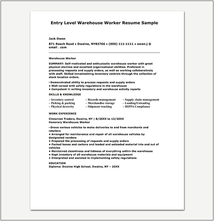 Entry Level Warehouse Worker Resume Samples